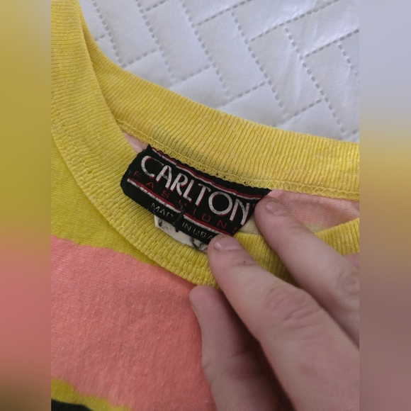Vintage Carlton Single Stitch 80s 90s Striped Beach 3 Games Tee - Picture 3 of 6